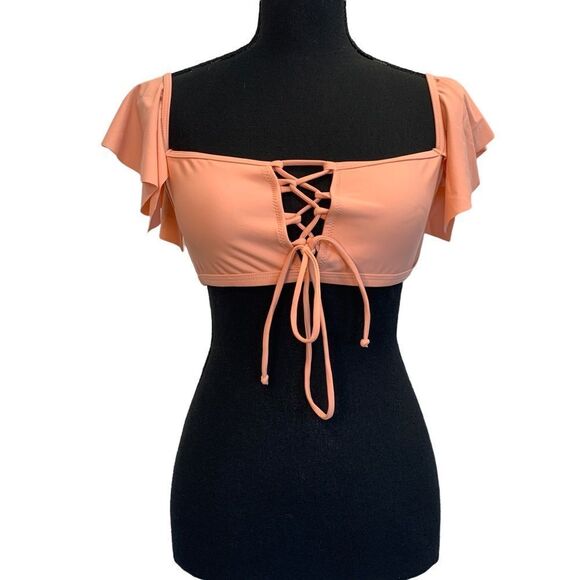 𝅺PEACH Laceup ruffle frill Shoulder crop top bikini top Sz M 🔥 - Picture 1 of 8